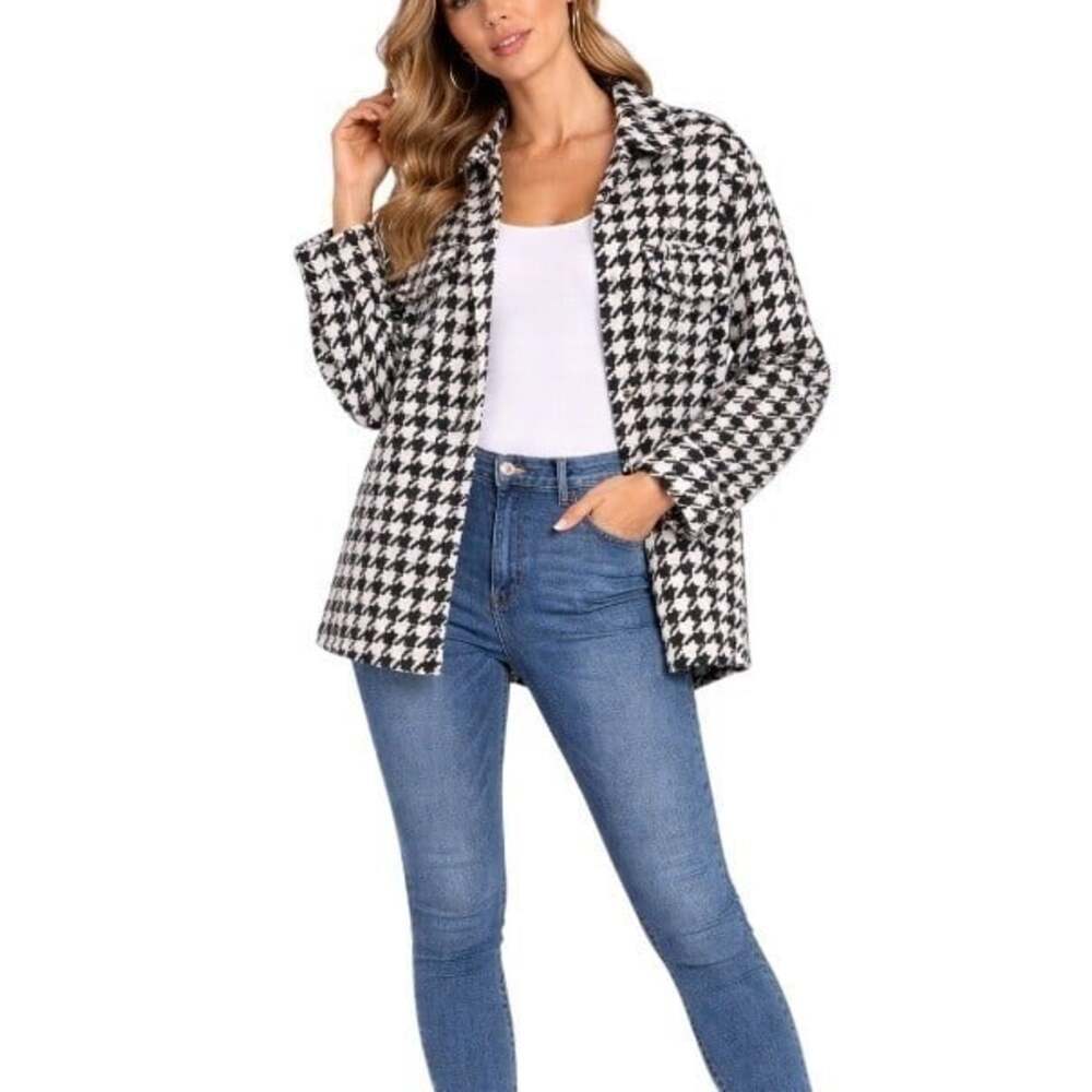Omonsim Black White Houndstooth Shacket Shirt Jacket S